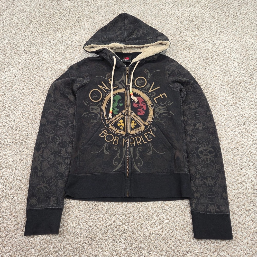 Zion Rootswear Bob Marley One Love Hoodie Full Zip Faux Fur Womens Size S Y2K